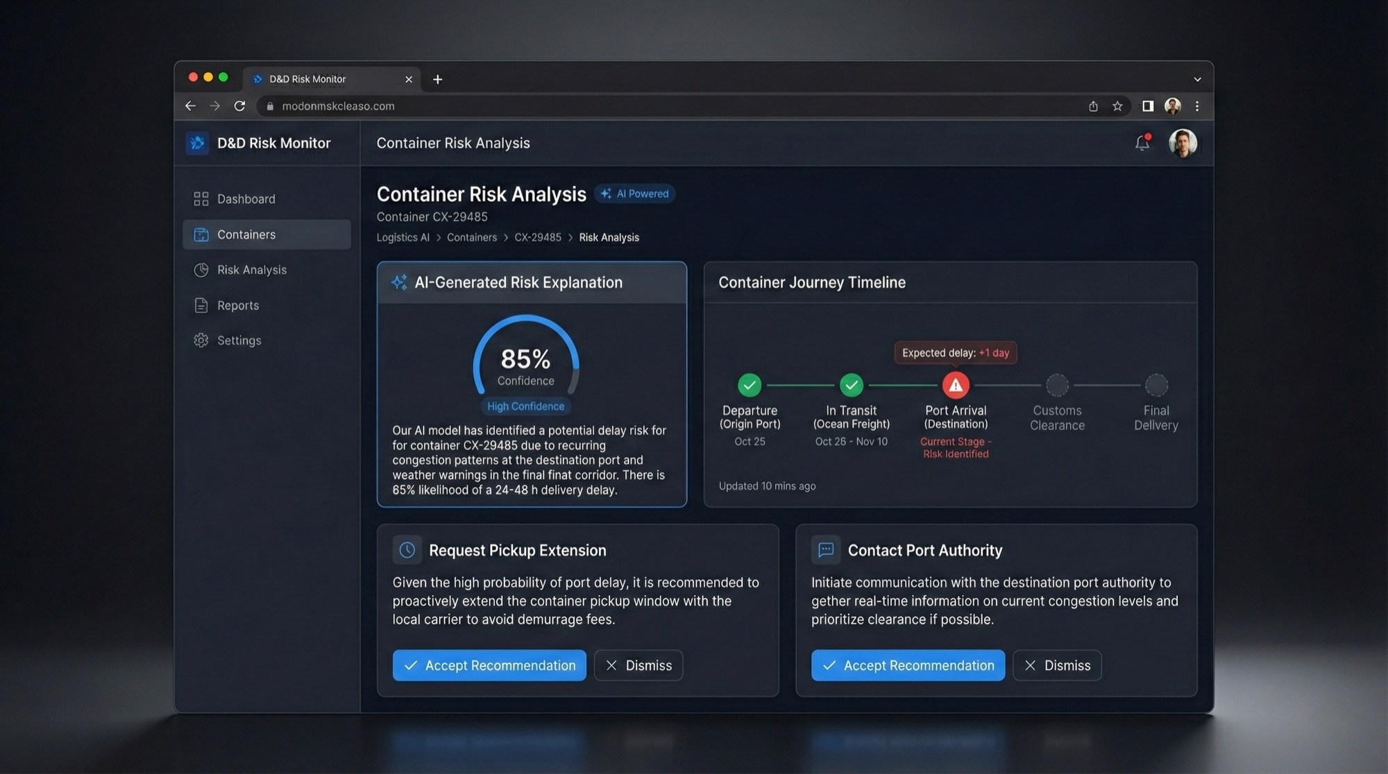 Container risk analysis with AI-generated explanations and recommendations